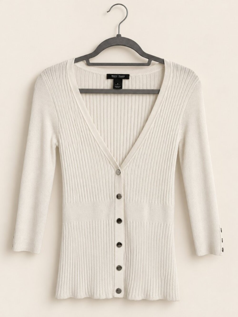 White House Black Market Ivory Ribbed V Neck Button Front Cardigan S